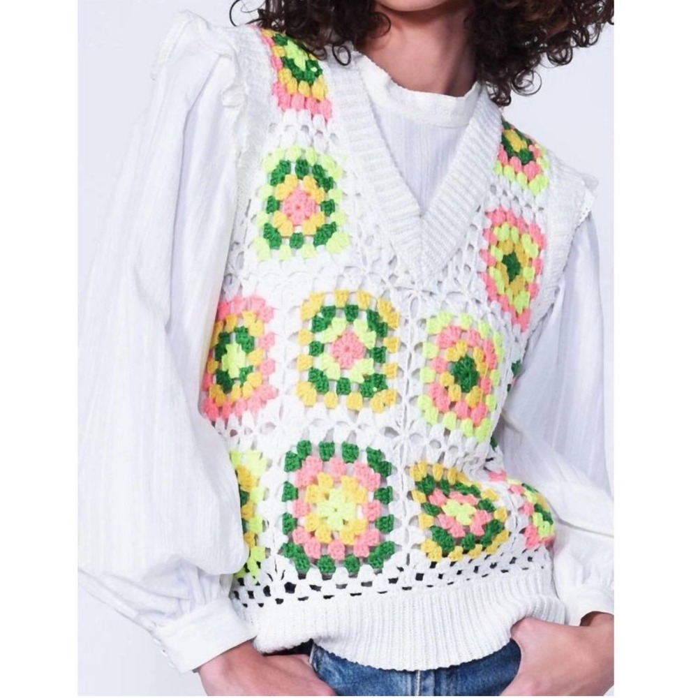 GREYLIN Crochet Sweater Vest Handmade Style V-neck Multicolor Square Knit Small